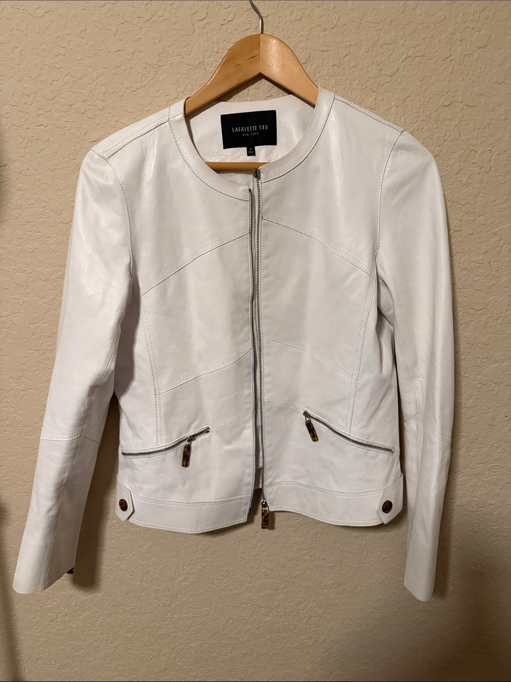 Lafayette 148 New York White Leather Zip Jacket lambskin